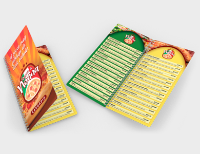 Cardápio Wire-o com 6 Páginas em PVC 0,3mm Verniz Total Frente e Verso 13,7x29,4cm - 4x4 - 50 unid